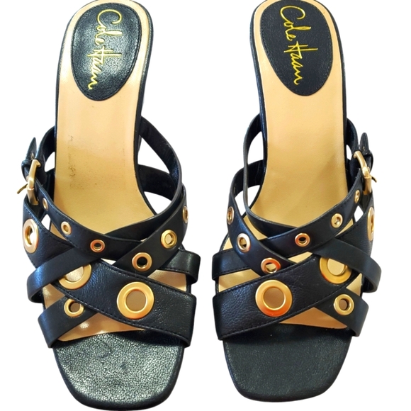 Cole Haan Women's Air Whitney Black and Gold Slide Wedge Sandal Shoes Size 7 - Picture 3 of 14